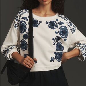 Anthropologie Blue Floral Embroidered Sweatshirt